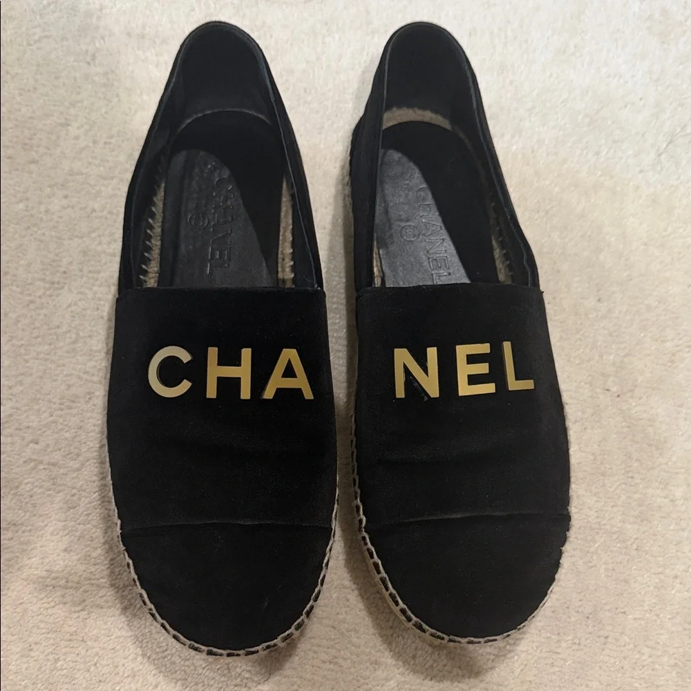 CHANEL Black Suede Espadrilles with Gold Lettering